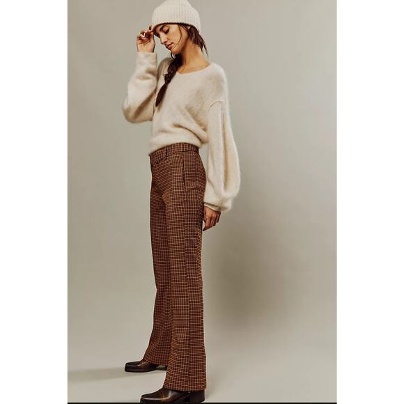 NWT Free People Jana Flare Trousers $98 SIZE 2 Brown Houndstooth Motif - Picture 3 of 8
